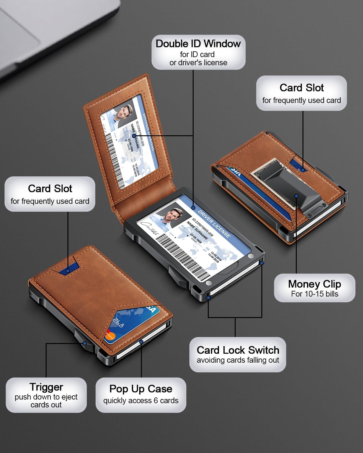 Wallet for Men RFID Wallet with 2 ID Windows & Money Clip, Slim Pop Up Card Holder for 10-12 Cards, Bifold Minimalist Smart Wallet for Front Pocket, Compact Metal Credit Card Holder, Gifts for Men