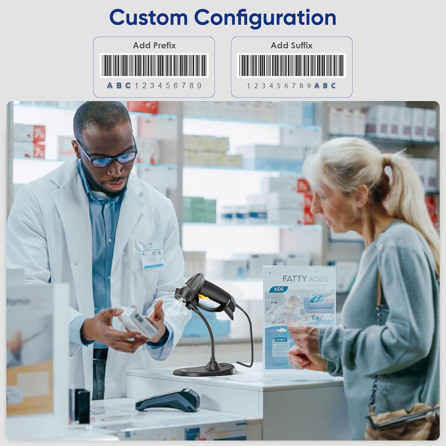 Eyoyo Handheld 2D Barcode Scanner with Gooseneck Stand, Automatic USB Wired QR Code Scanner Bar Code Reader Support Screen Scanning for PC POS System Library Store Supermarket Check-Out, Inventory