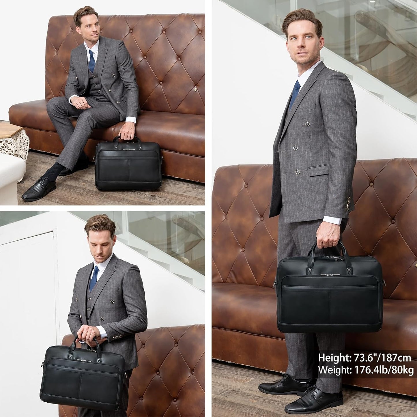 Leather Briefcase for Men 17 Inch Laptop Crossbody Shoulder Messenger Bag Attache Case for Business Travel Work Lawyer