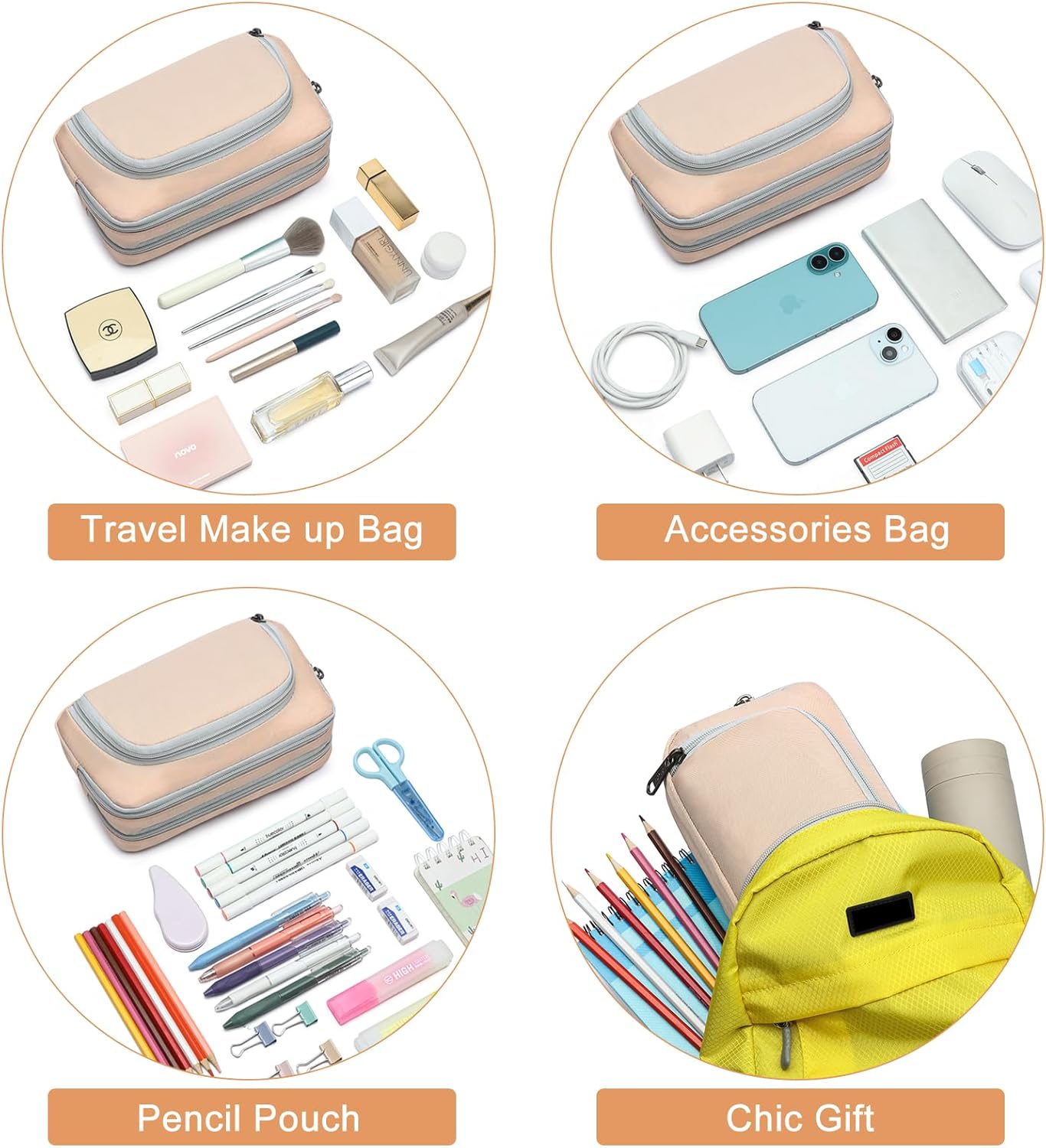 XQXA Pen Pouch Large Capacity Pencil Case Organizer, Multifunctional Pencil Pouch with 3 Compartmens, Big Pencil Bag for Office Travel Men Women Adult (01-Creamy Rice)