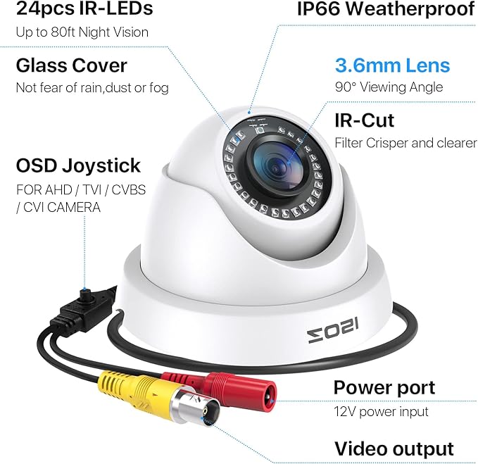 ZOSI 2MP 1080P HD Security Dome Camera Outdoor Indoor, IP66 Weatherproof Surveillance CCTV Camera (Hybrid 4-in-1 HD-CVI/TVI/AHD/960H Analog CVBS), 80ft IR Night Vision, 90° Wide Angle, 24PCS LEDs