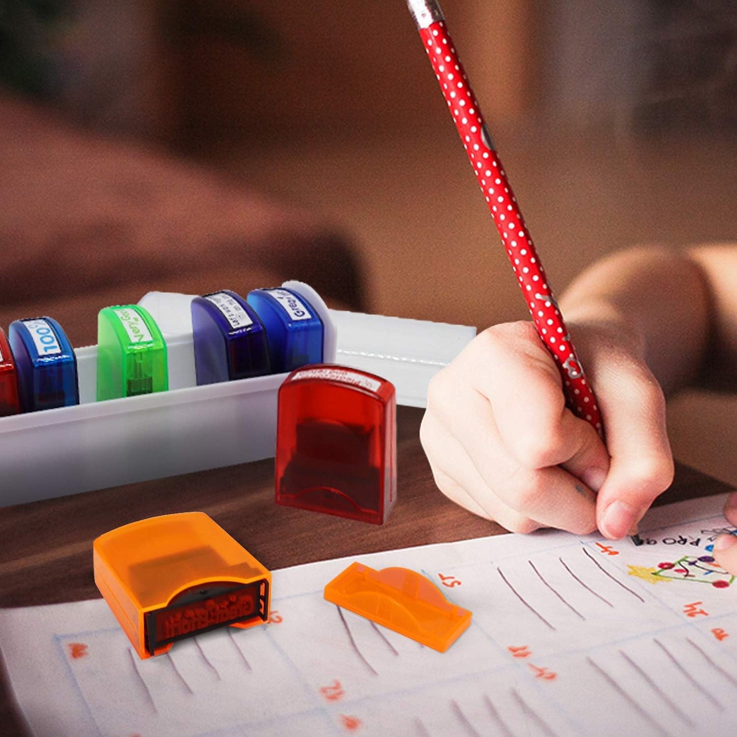 Reliancer Colorful Self-Inking Motivation School Grading Teacher Stamp Set and Tray (8-Piece)