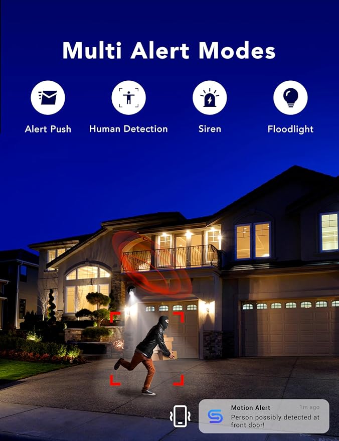 2K Security Camera, Outdoor/Indoor for Home, Pet, Baby, Nanny, IP65 Wterproof Color Night Vision, White Light & Siren, Recording, Motion Detection, Compatible with Alexa,Black-4P