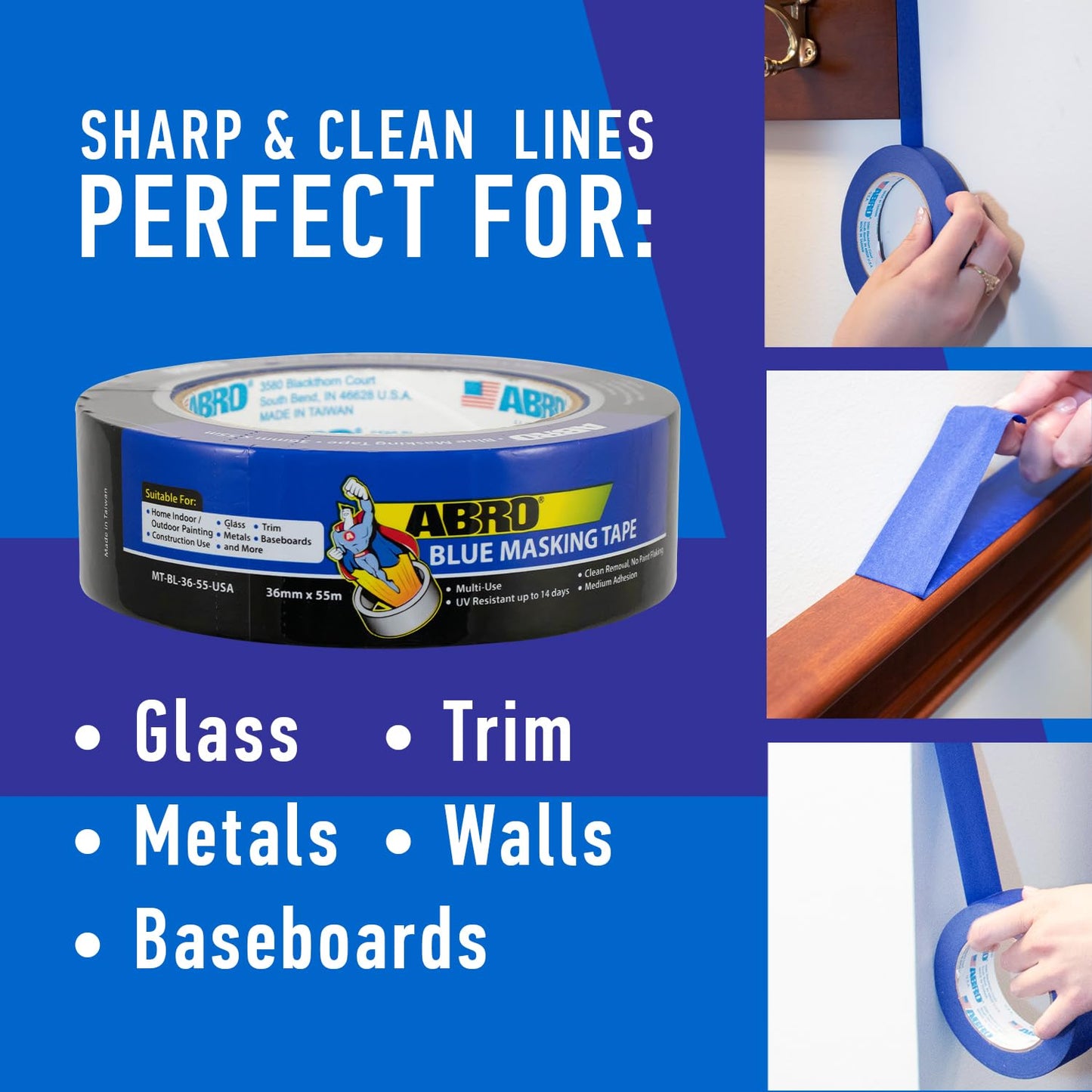 ABRO 6-Pack Blue Painters Tape: 18mm x 55M All Purpose Blue Tape, Temporary Labeling, Easy Tear, Clean Removal, Masking Tape Colored, DIY or Professional Use