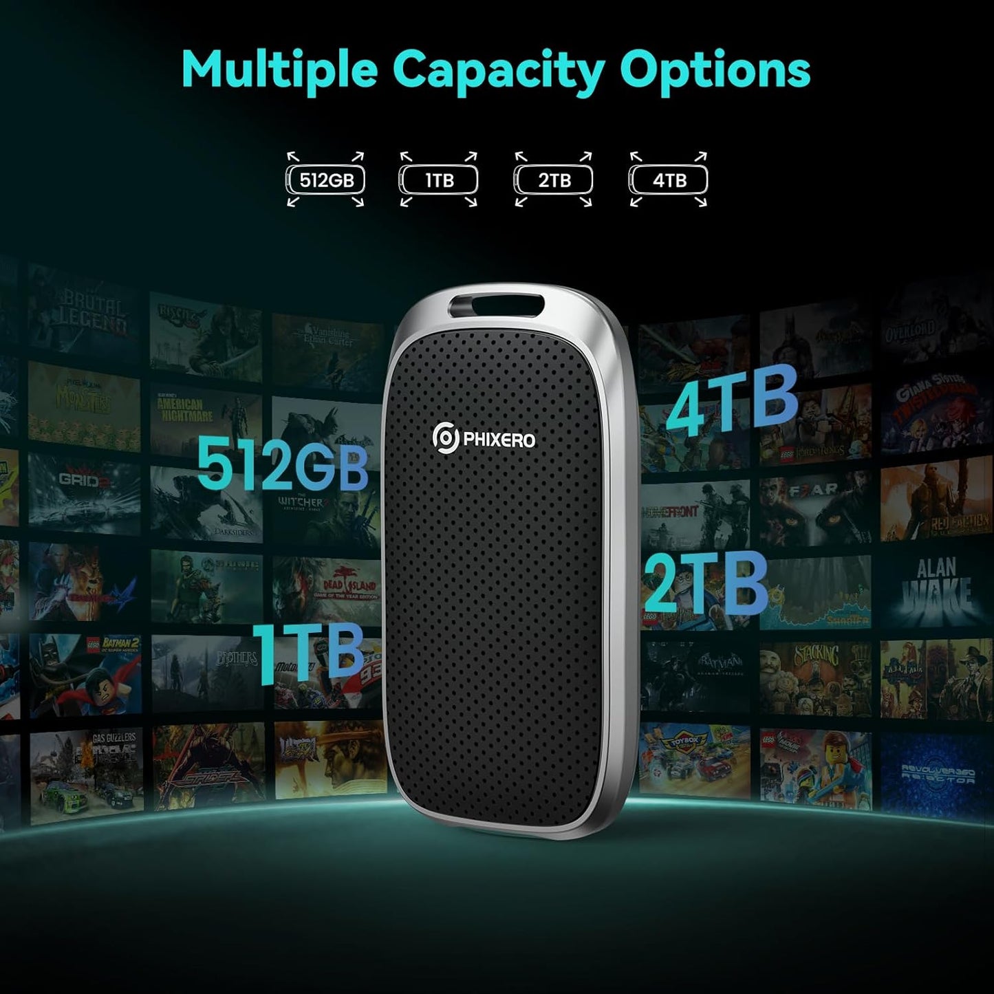 PHIXERO P5 2TB External Portable SSD - 5Gbps USB C External Hard Drive with 2-in-1 Cable for PC, Mac, PS5, Xbox | 5ft Drop Resistance, Free Lanyard, 5-Year Warranty