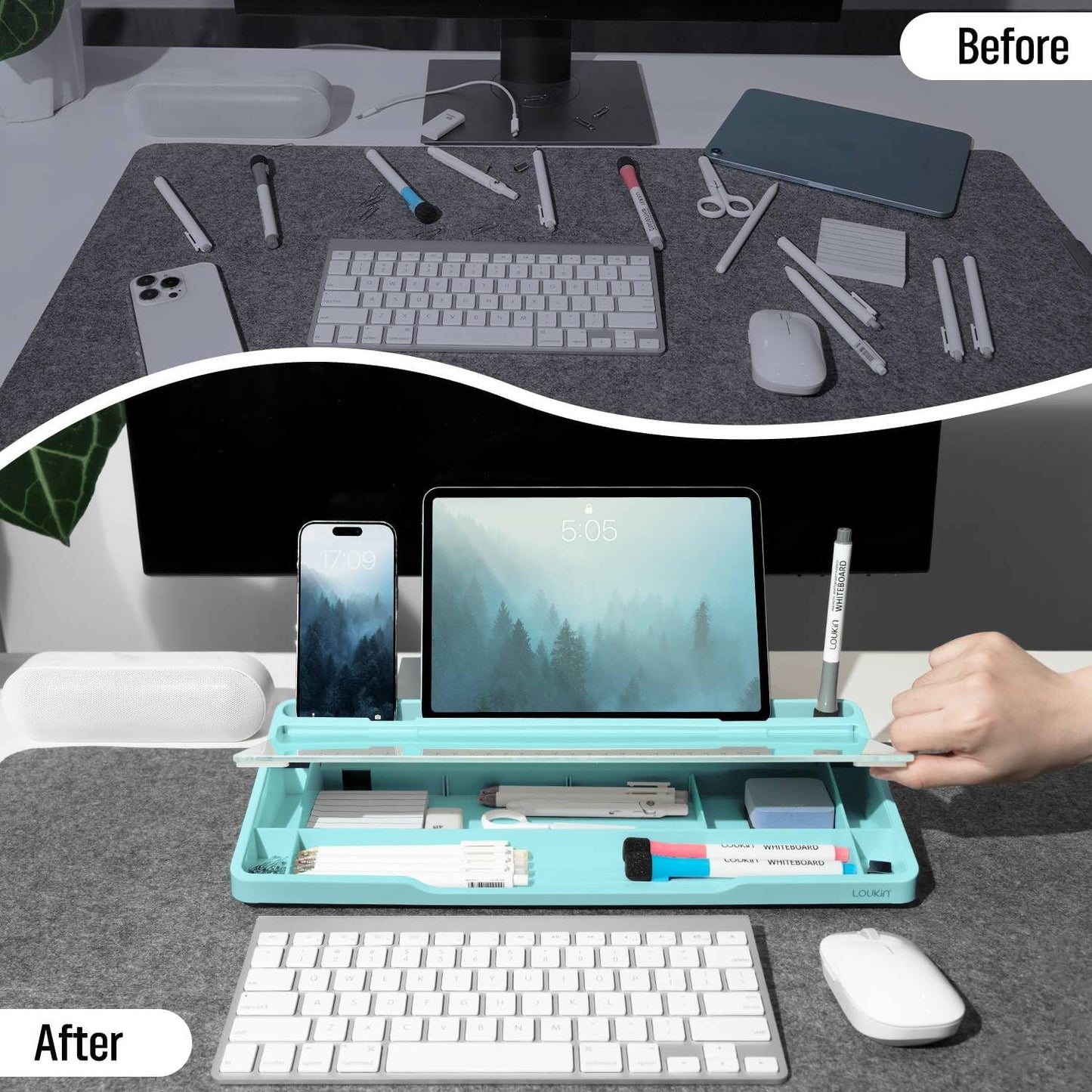 LOUKIN Glass Desktop Whiteboard, 15.3" x 5.6" Dry Erase Desk Board with Dotted and Graduated Surface, Desktop Buddy, Great for Design and Drawing, 3 Markers and 1 Dry Erase Eraser Included (Sky Blue)