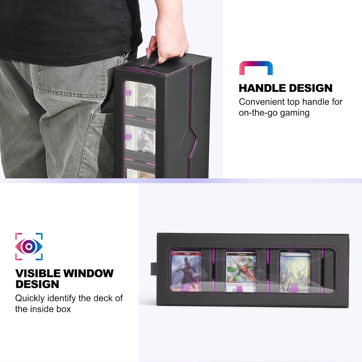 Commander Deck Box for MTG, 6-Deck Modular Card Case with Dice Tray Holds 600+ Double-sleeved Cards, Removable Trading Cards Storage Box with 35PT Magnetic Card Holders for TCG, Black Purple