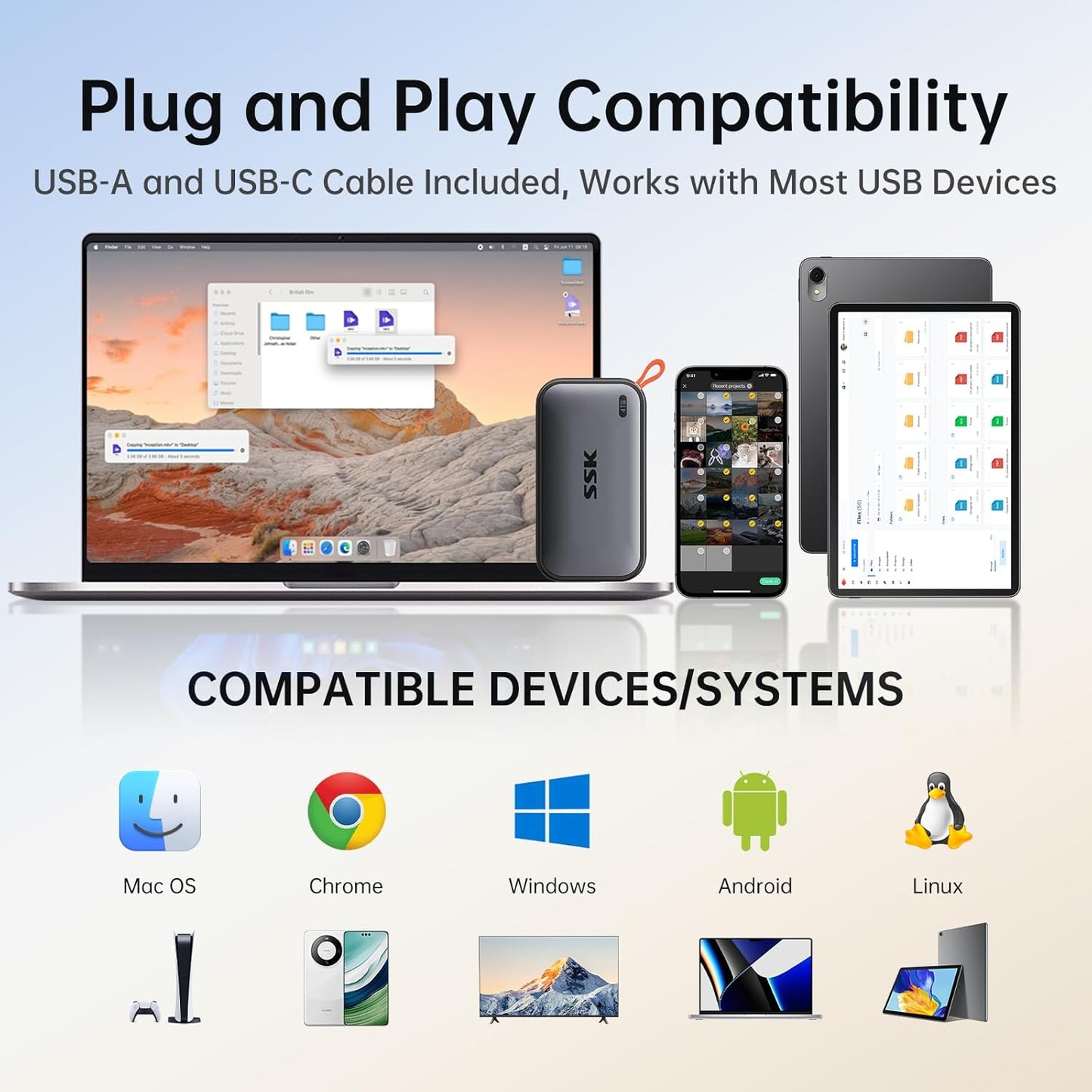SSK 4TB SSD External Hard Drive – Up to 1050MB/s Portable Solid State Drive USB 3.2 Gen2, USB-A & USB-C, 4K ProRes HDR for iPhone 15/16 Pro, Mac, Windows, Android OTG, Tablets