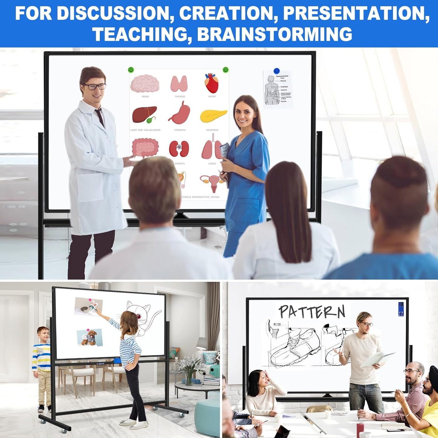 Large Dry Erase White Board with Rolling Stand 72"x48" Double-Sided Mobile Magnetic Whiteboard on Wheels, Including 3 Magnetic Erasers, 7 Markers, 30 Magnets