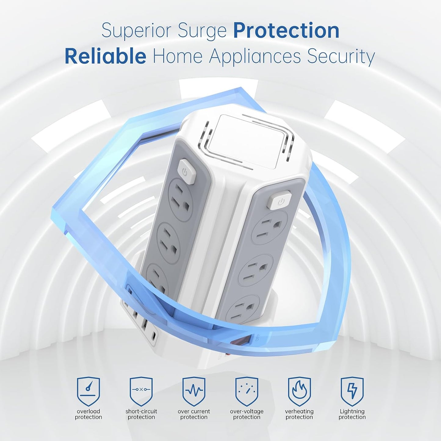 Power Strip Surge Protector, 10 Ft Extension Cord with 12 AC Multiple Outlets 4 USB (1 USB C), SMALLRT Power Tower Desktop Charging Station (White, 16.4 FT)