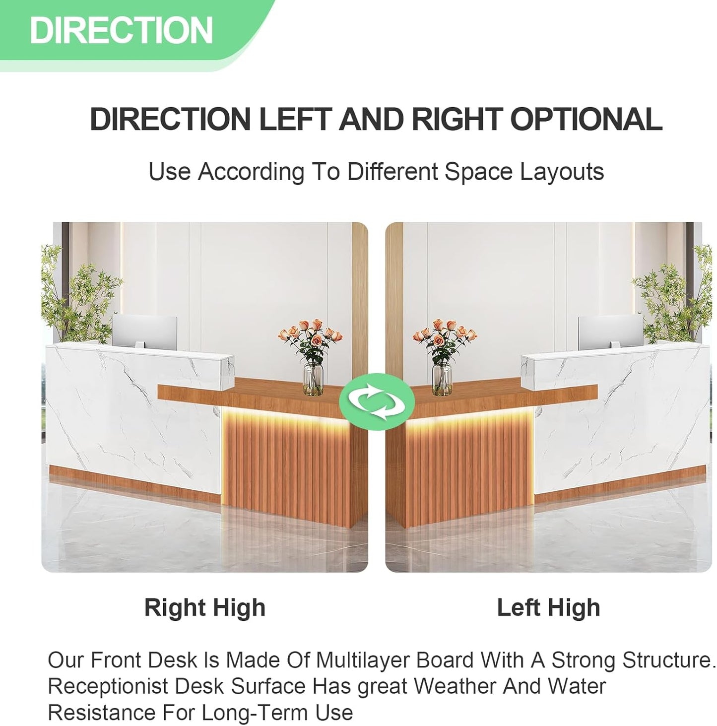 Modern Reception Desk with Counter and Drawer Office Front Desk with Cabinet Wooden Commercial Reception Table Checkout Counter for Retail Salon Lobby White and Brown Left 79inch/200cm