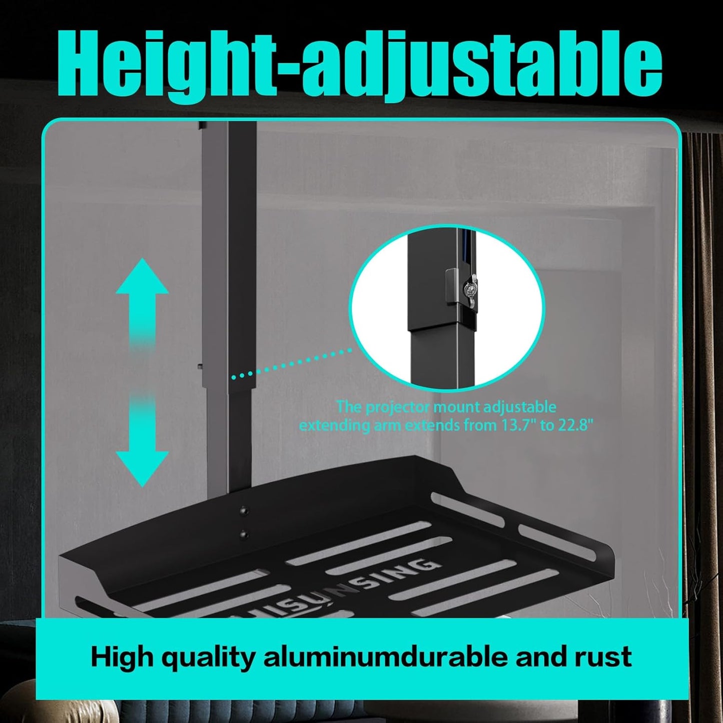 Universal Projector Ceiling Mount with Tray, Projector Mount Hidden Cable Routing, Height Adjustable up to 22.8 inches, Holds up to 11 lbs, Ideal for Home Theater and Office - Black