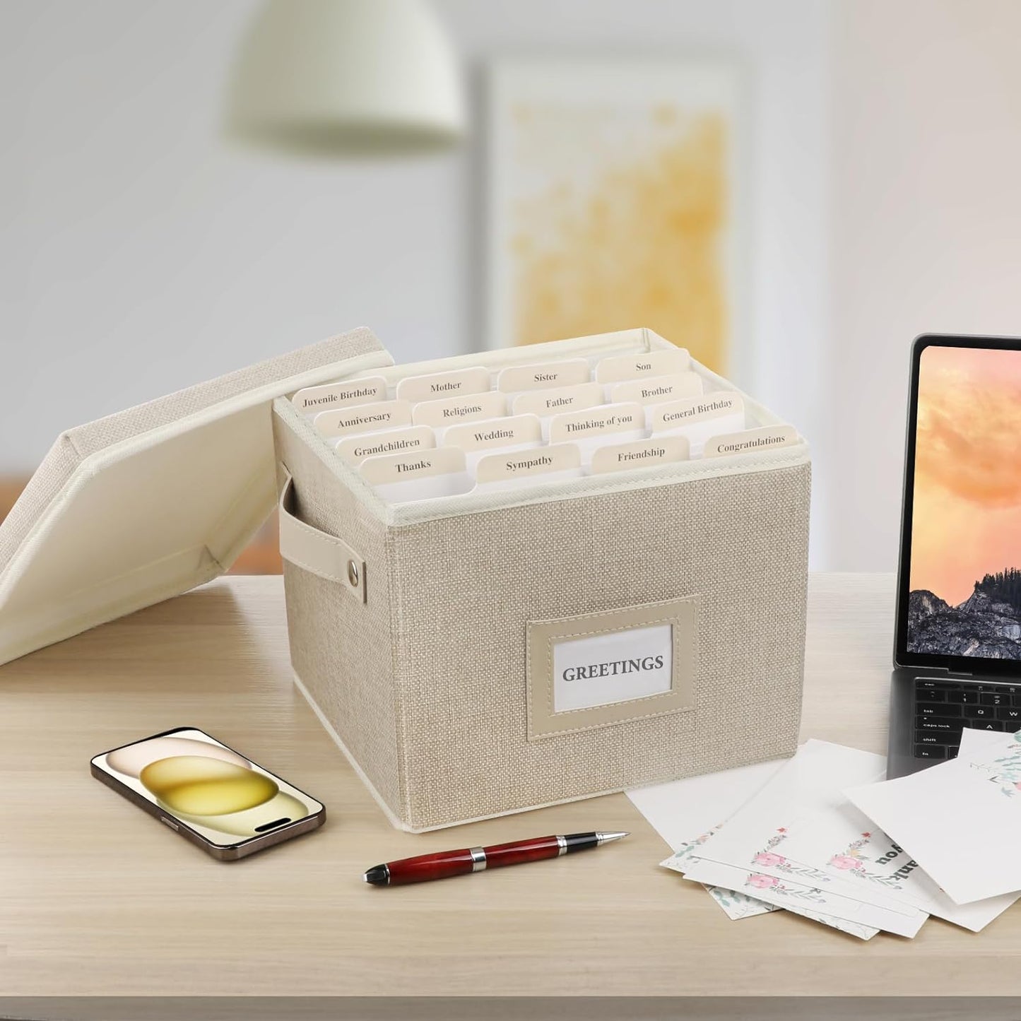 Greeting Card Organizer Box with 16 Dividers,Collapsible Greeting Card Storage Box with Handles Hold 150+ Cards,Greeting Card Holder for Greeting Cards,Sticker, Recipes, Photo, Envelope (Beige, 1 pcs)