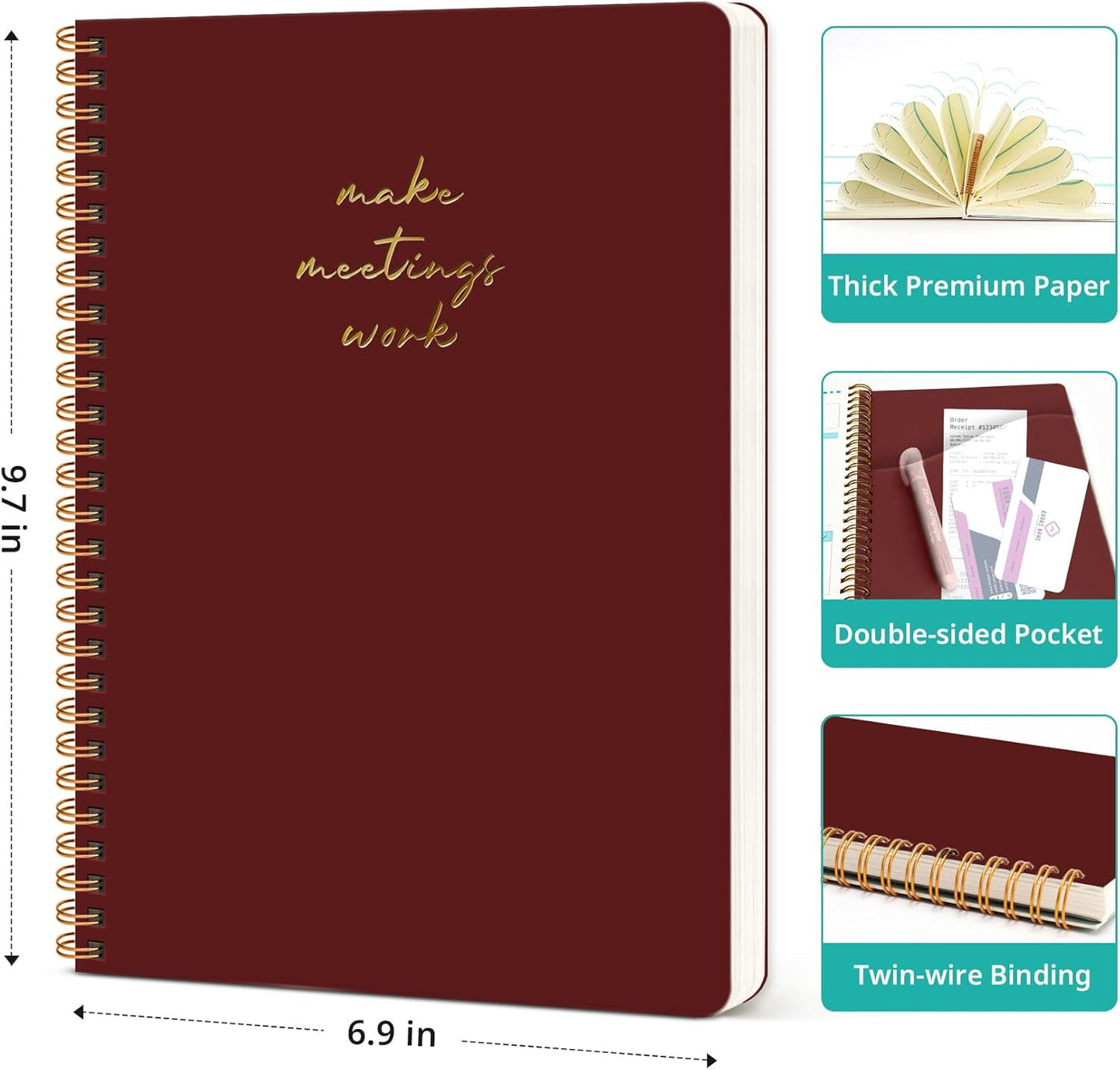 Taja Meeting Notebook for Work Organization - Work notebook with action items, Meeting Minutes Planner Notebook, Perfect Office Supplies for Men & Women - Burgundy