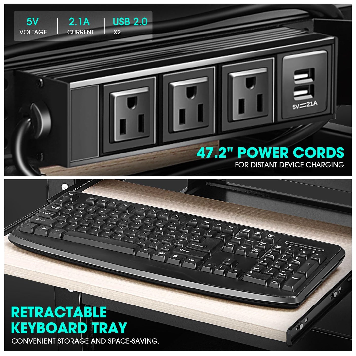 DNA MOTORING Steel AV Cart 3-Layer Rolling Projector Utility Cart, 24" X 18" X 20" - 30.5" Height Adjustable, with Wheels, Pullout Keyboard Tray, Power Strip, Cord Management, TOOLS-00495