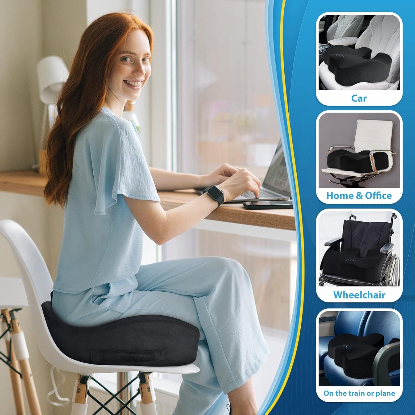 BlissTrends Seat Cushion,Thick Memory Foam Cushions for Office Chair, Car Seat, Airplane, Relieving Pressure Tailbone Sciatica Back Pain for Long Sitting Office Workers, Car Drivers 4.7in Thick Black