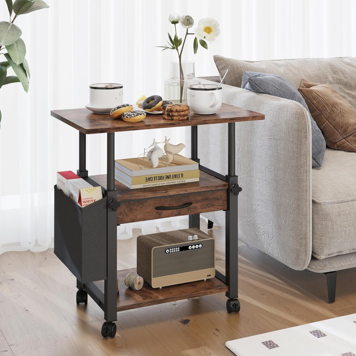 Large Printer Stand with Storage Drawer and Side Bag, 3-Tier Height Adjustable Table for Home Office, Fits Heat Press/Laser/3D Printer (Rustic Brown)