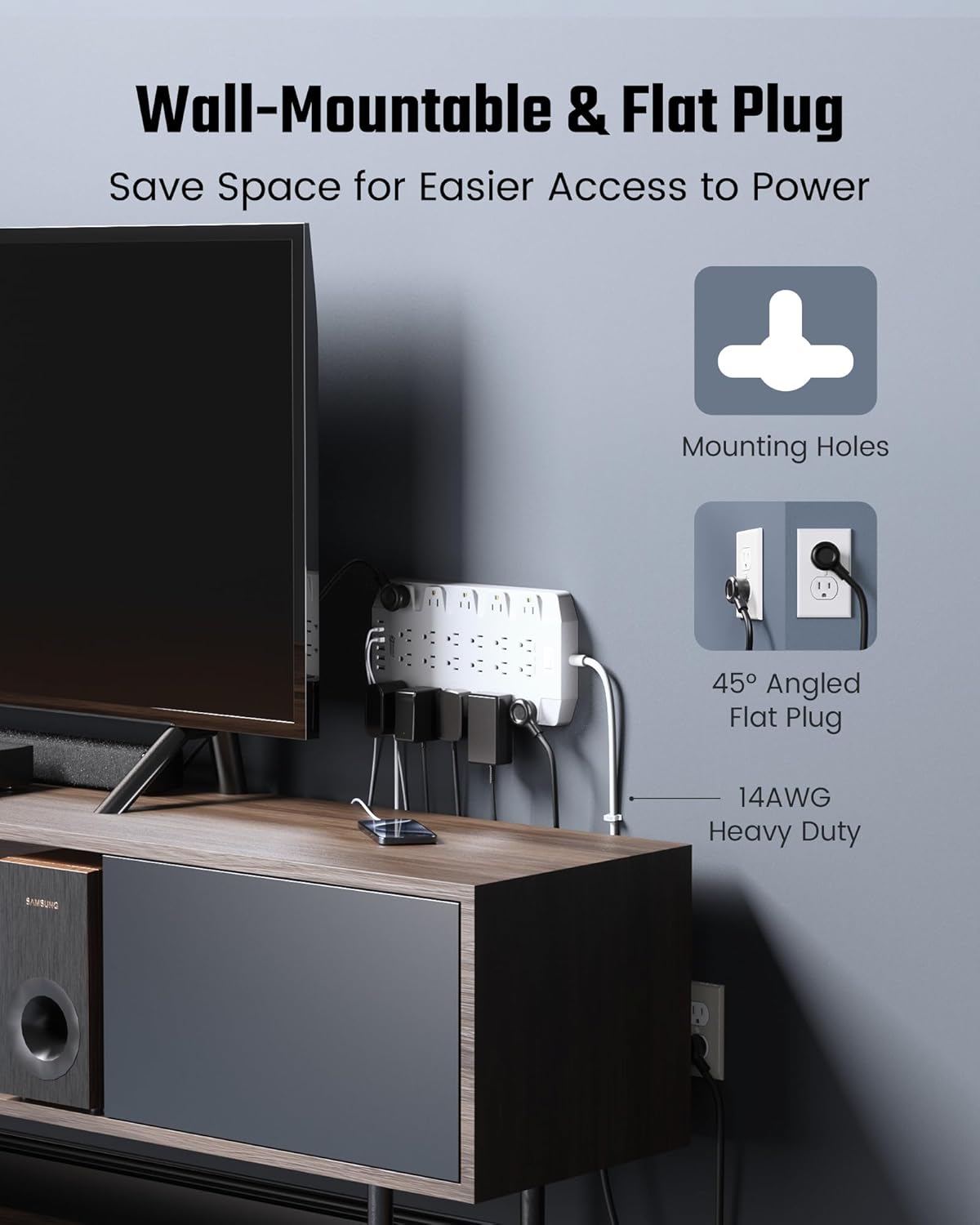 45W Power Strip Surge Protector with PD USB-C, SUPERDANNY 1875W/15A, 2100J, 6.5ft Flat Plug Mountable Extension Cord with 22 Outlet+6 USB Port, Fast Charging for Home,Office,Dorm,Gaming,PC,Streaming