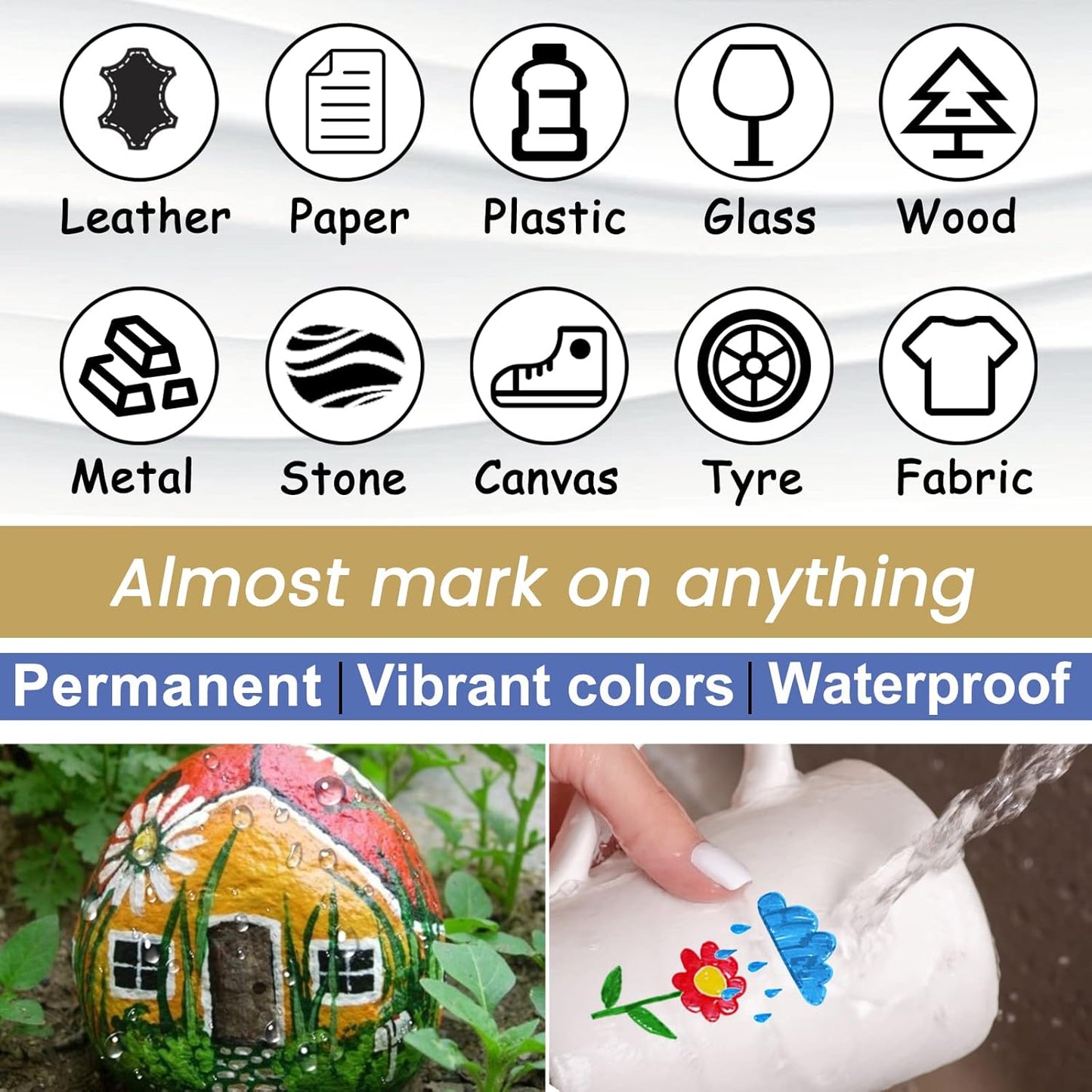 Overseas White Paint Pens Paint Markers - Permanent Acrylic Markers 2 Pack, Water Based, Quick Dry, Waterproof Marker Pen for Rock, Wood, Plastic, Metal, Canvas, Glass, Fabric, Mugs. Medium Tip