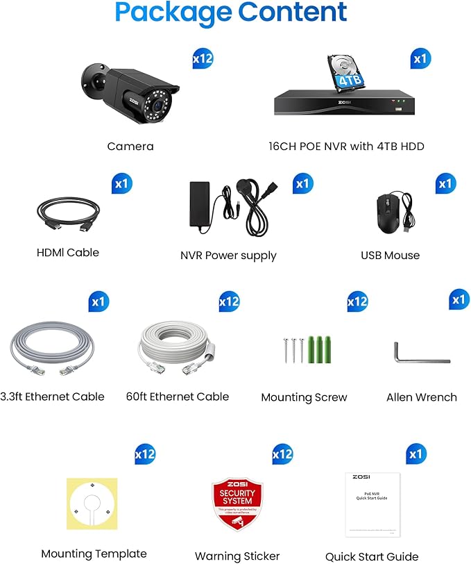 ZOSI 4K 16CH PoE NVR Security Camera System, 12 x 8MP PoE IP Camera Outdoor Indoor with AI Human Vehicle Detection, Night Vision, IP66 Weatherproof, 4K 16CH NVR with 4TB HDD for 24/7 Recording