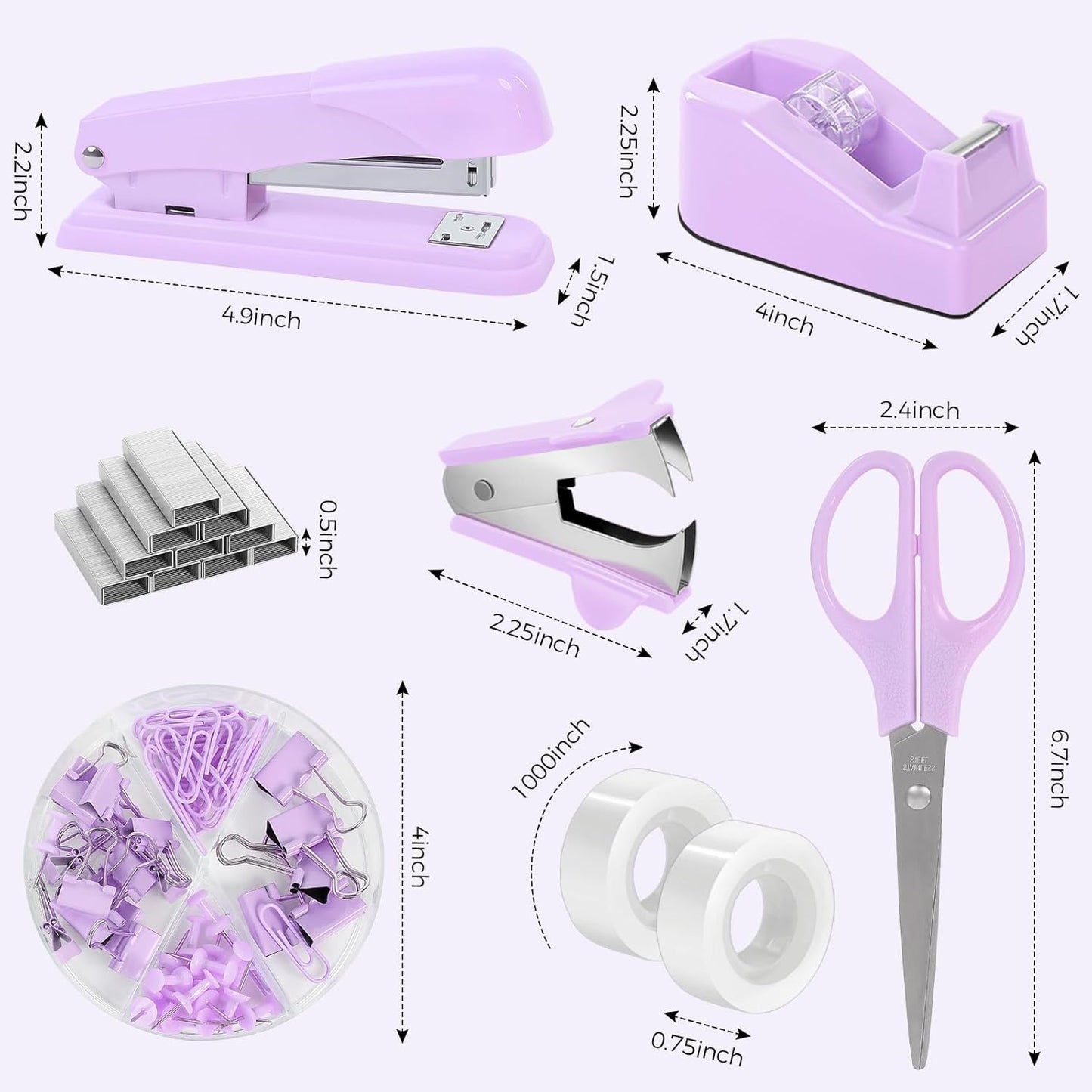 SKYDUE Purple Desk Accessories, Purple Office Supplies Set, Stapler, Tape Dispenser, Scissors, Binder/Paper Clips and 1000pcs Staples,Office Supplies for Women