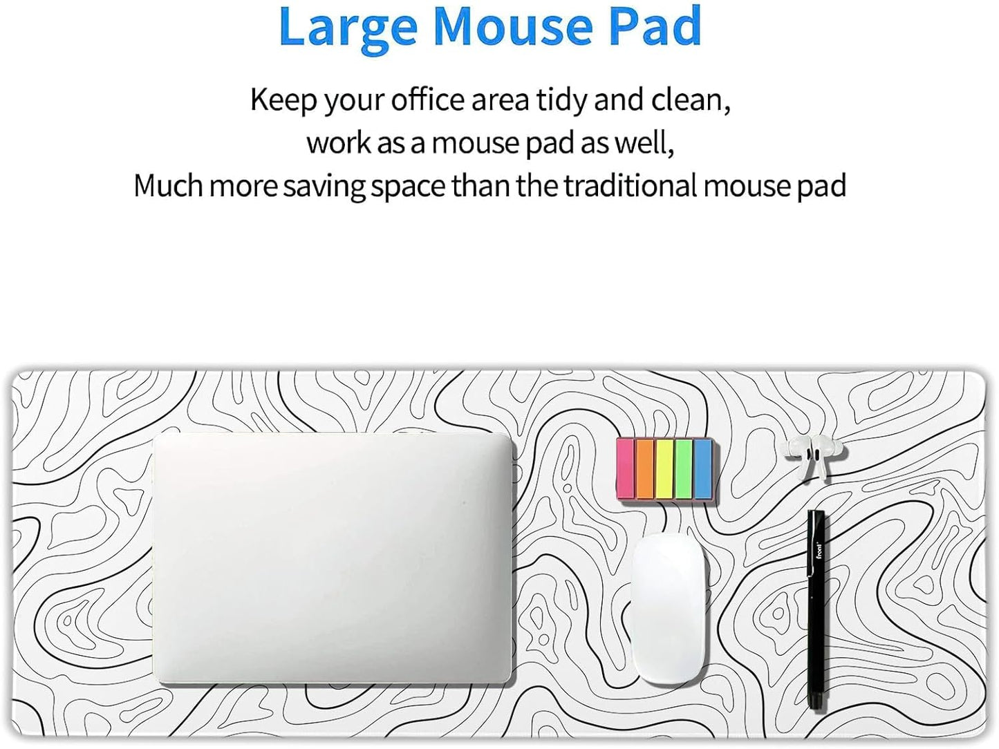 White Topographic Contour Gaming Mouse Pad XL Geographic Map Lines Minimalist Extended Large Mat Mousepad Desk Pad Non-Slip Rubber Base Stitched Edge Long Keyboard Pad for Computer,31.5×11.8 Inch