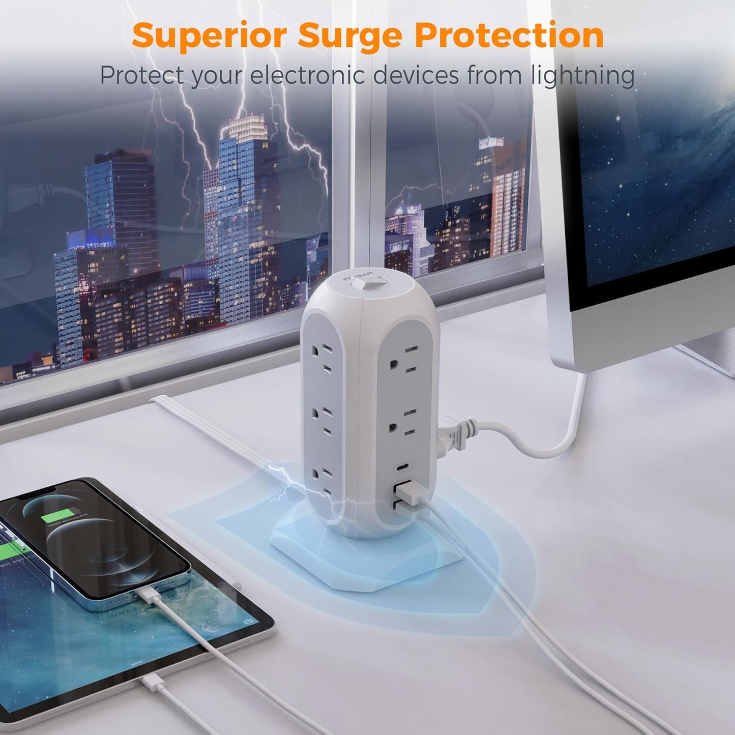 15 ft Extension Cord Tower Power Strip, 11 Outlets 3 USB(1 USB-C) Chargers, TESSAN Surge Protector with Multi Plug Outlet, 1050J Protection, Office Supplies, Desk Accessories, School Dorm Essential