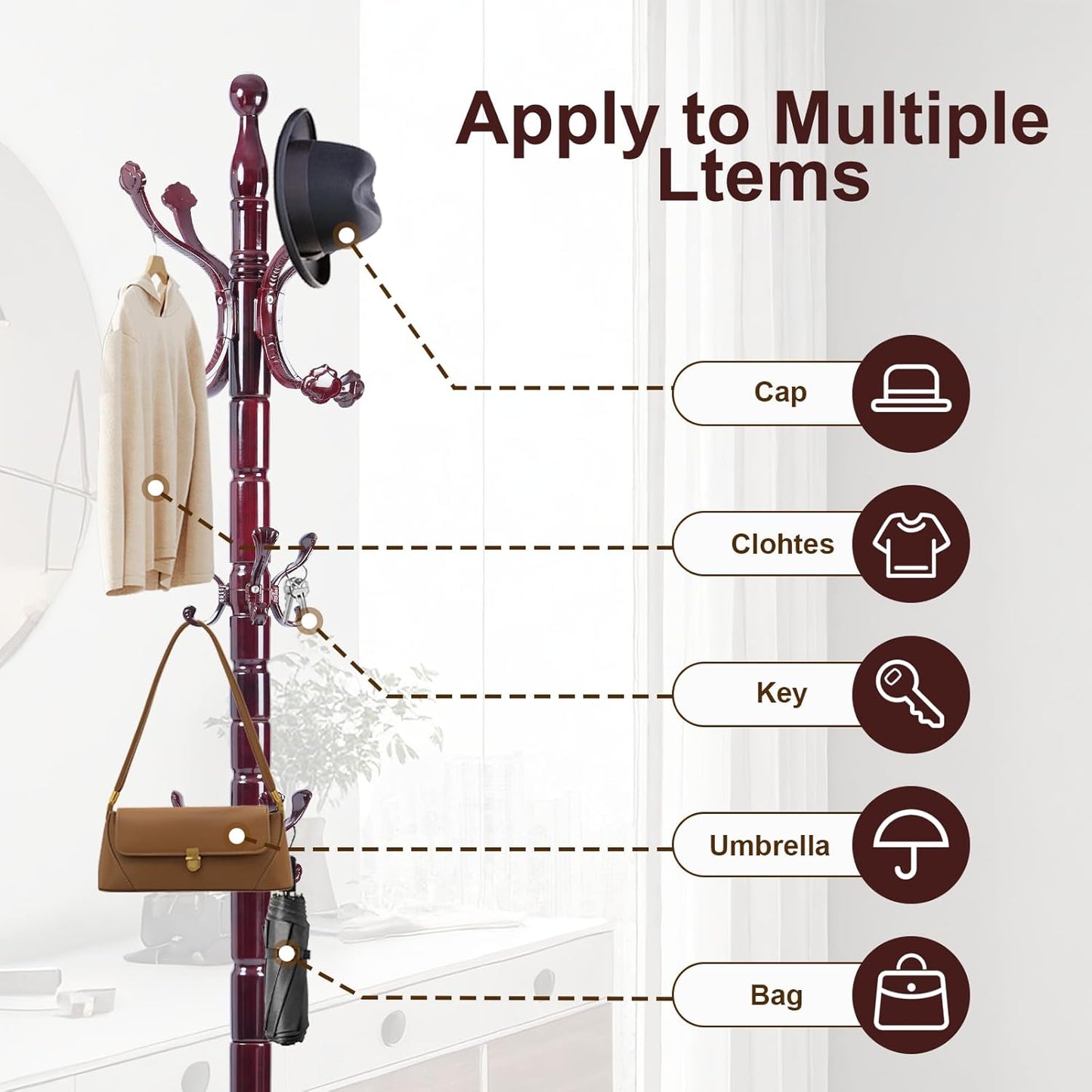 Solid Wood Coat Rack – 72" Freestanding Coat Racks Stand with 14 Hooks & Stable Base, Adjustable Height Modern Wooden Hall Tree for Entryway, Bedroom, Office, Home (Mahogany Lucky Hook)