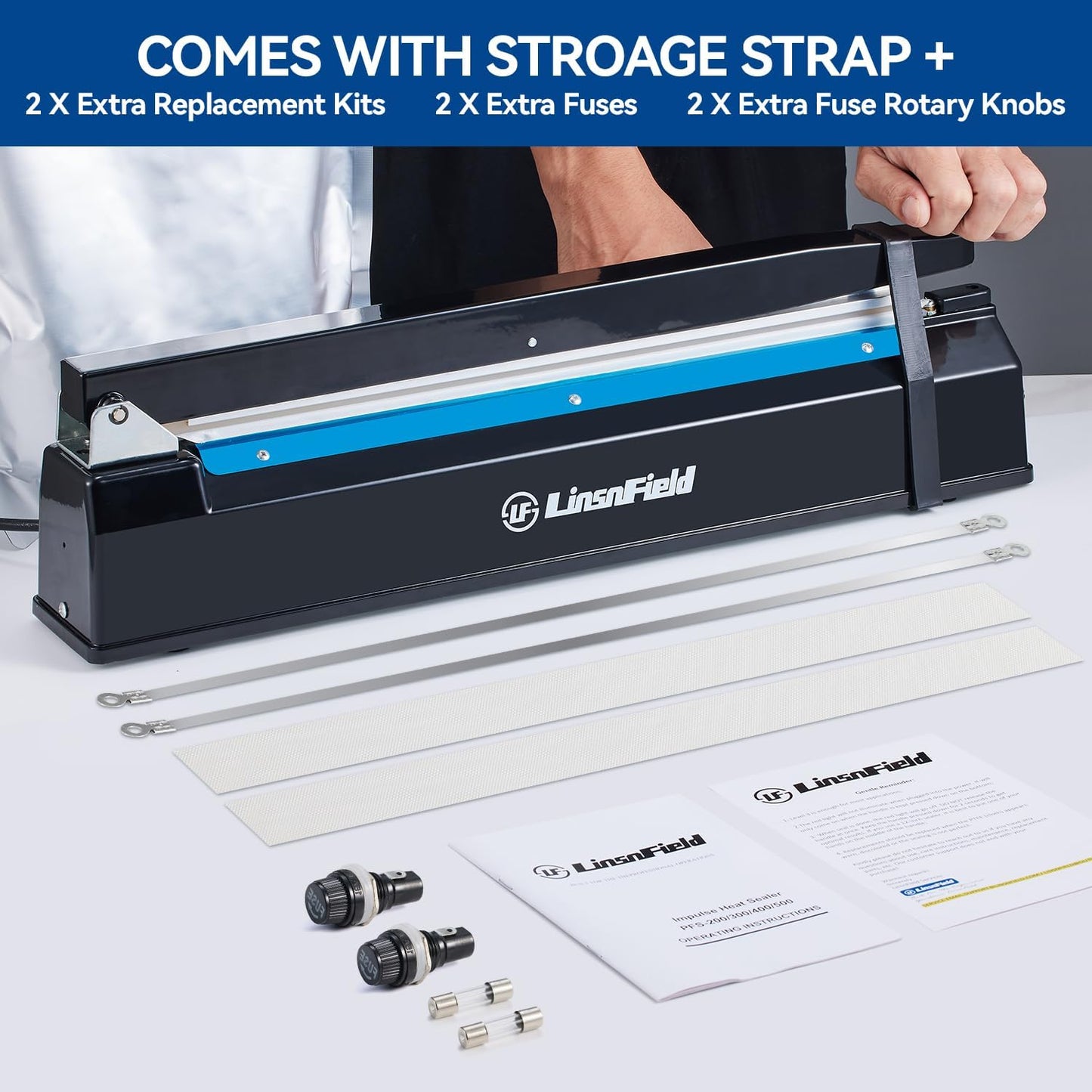 Sealer Pro, Patented 12inch Impulse Heat Bag Sealer, 7mm Sealing Width Poly Bag Seal Machine, 2 Replacement Kits 2 Fuses Included, Blue