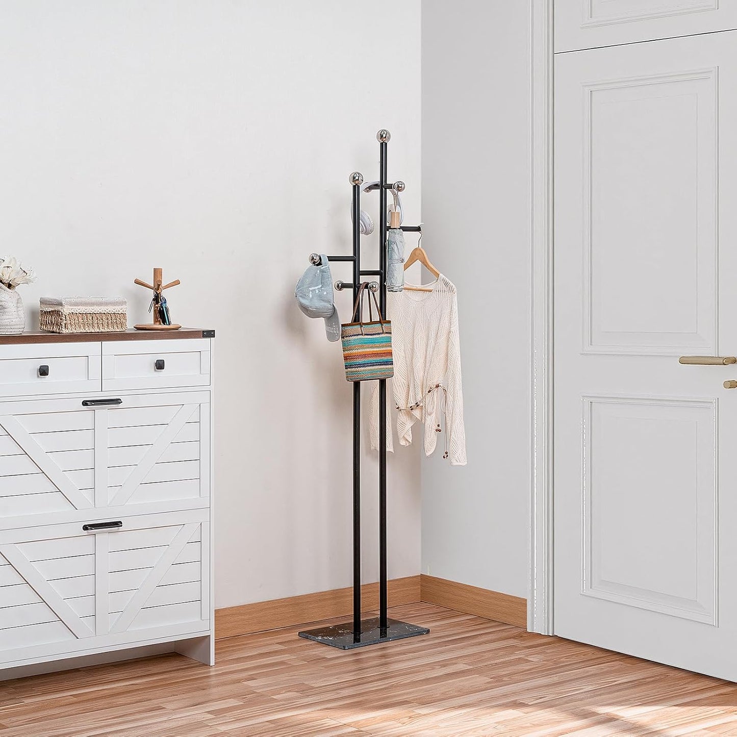 Coat Rack Freestanding with Square Marble Base Heavy Duty Metal Clothes Rack Hanging Stand for Entryway Bedroom Living Room Hotel 14.96 x 10.24 x 68.9 Inches (Black)