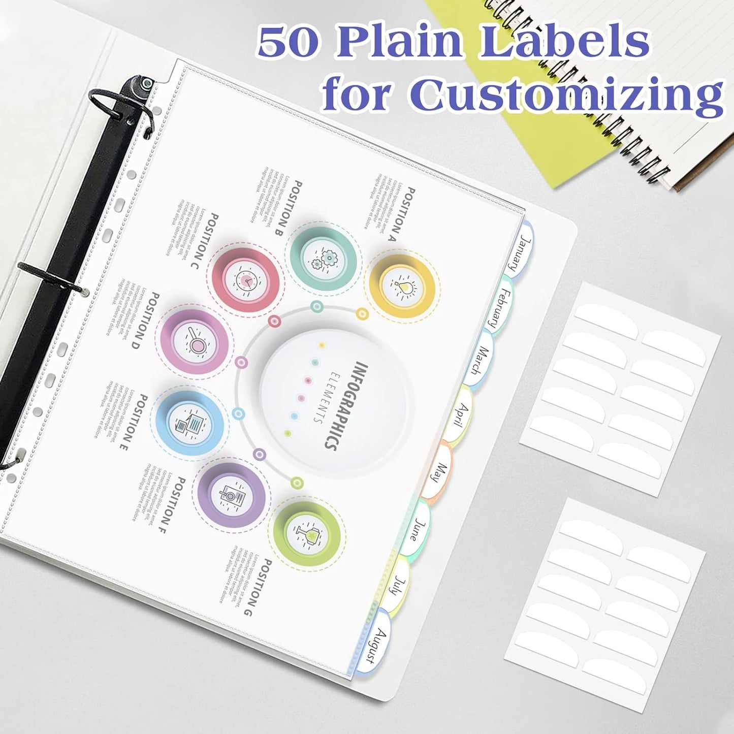 5 Set of 40 Pack A4 Plastic Sleeves Binder Index Dividers Pocket Dividers for 2/3/4 Ring Binder with 8 Tabs,Clear Plastic Sheet Protectors Paper Organizer for School Home Office