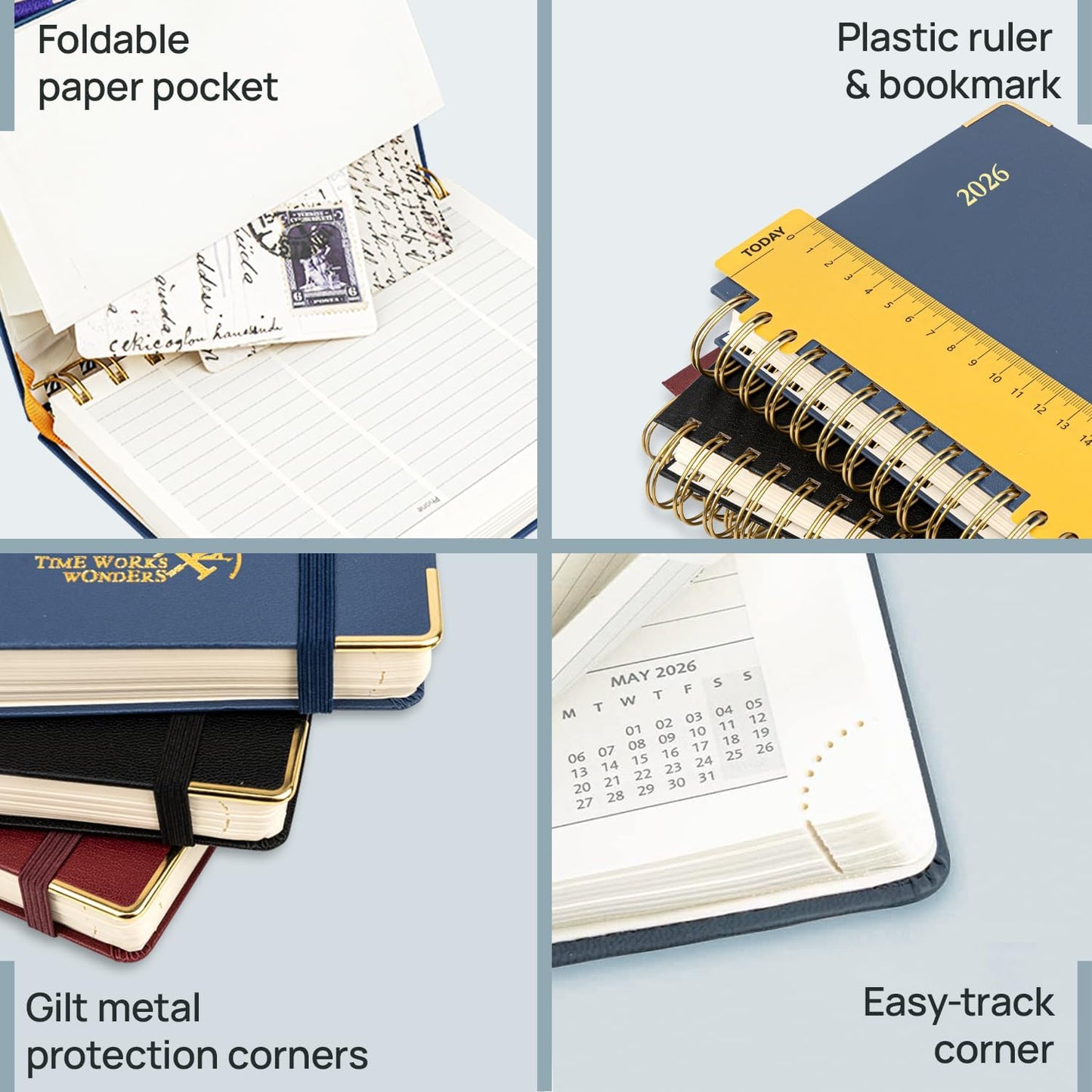 POPRUN 2026 Planner (Pocket Size 4''x 6.25'' Wire-Bond Hard Cover) Calendar Weekly and Monthly (Jan.2026-Dec.2026) Small Planner with Hourly Time Slots, for Purse, 100 GSM - Black