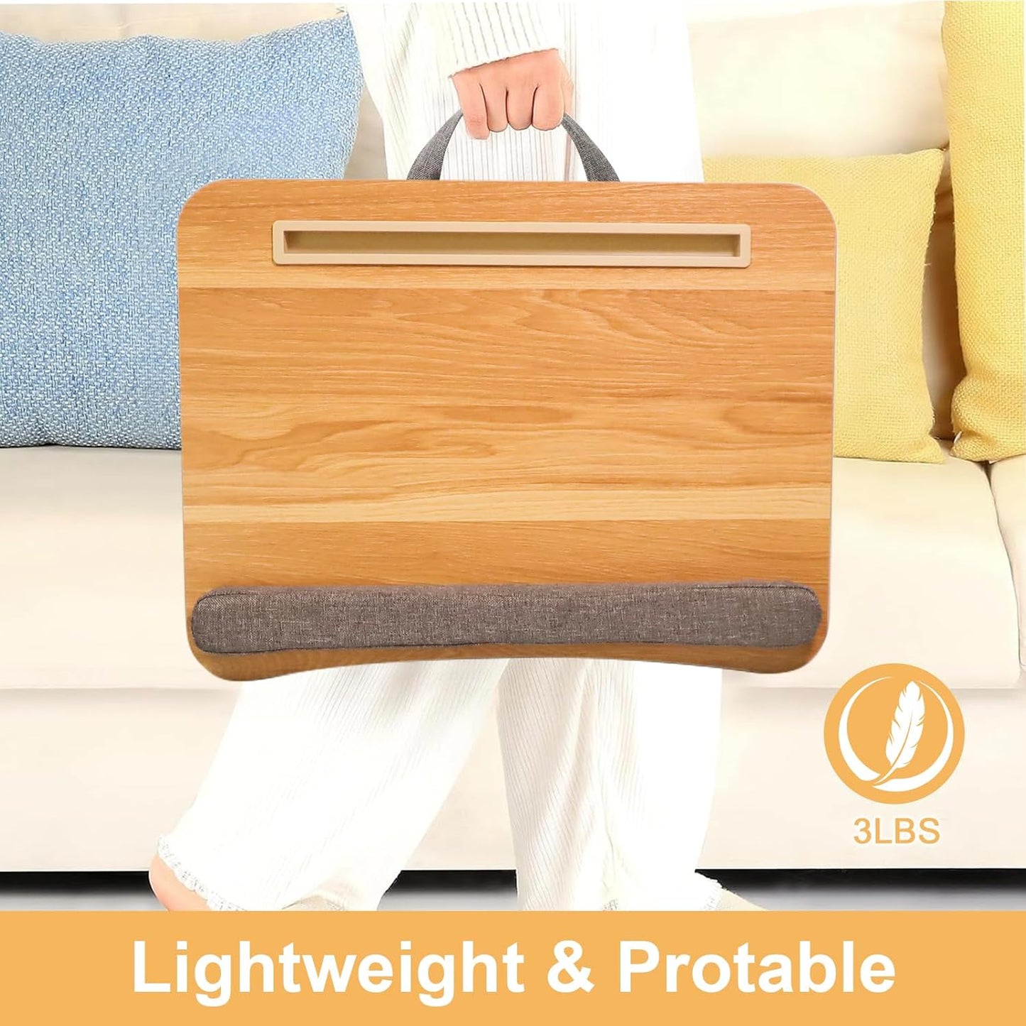 Portable Lap Desk for Laptop with Cushion, Storage Bag Fits Up to 15.6 Inch Laptop, Adults with Ipad/Phone & Pillow Holder for Home Office Bed Couch- Light Wood Color