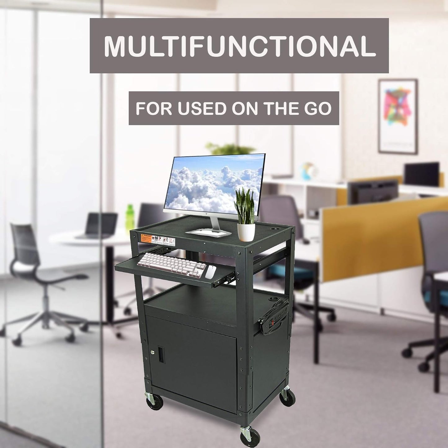 Height Adjustable Steel Frame AV Cart with Keyboard Tray - Comes with Locking Cabinet and 5ft 9in Power Strip Black