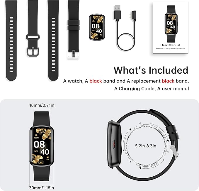 Health Fitness Tracker, Smart Watch with 24/7 Heart Rate, Activity Tracker with Blood Pressure and Blood Oxygen Monitor, 120 Sport Mode Waterproof Sleep Tracker for Women Men (Black)