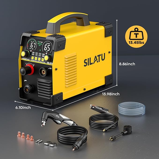 SILATU Plasma Cutter, 65Amps Non-HF Blowback Pilot Arc CNC Plasma Cutter Machine, 110/220V Dual Voltage Large LED Display Air Sensor Technology, 3/5'' Clean Cut 1'' Max Cut, PT/2T/4T for Beginners DIY