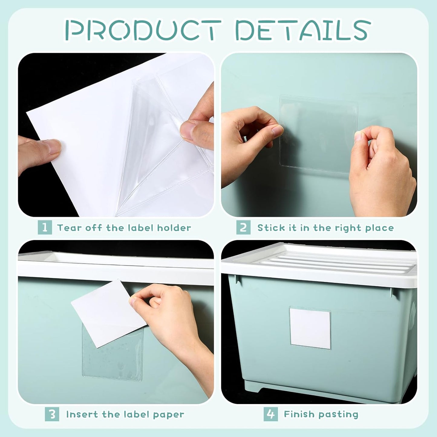 Jeyiour 100 Pcs Label Holders Adhesive Nameplate Pockets Storage Bin Labels Index Card Holder Shelf Plastic Peel Stick for Classroom Supermarket Bookshelf Library Student Box Drawer (3.5 x 3.5 Inch)