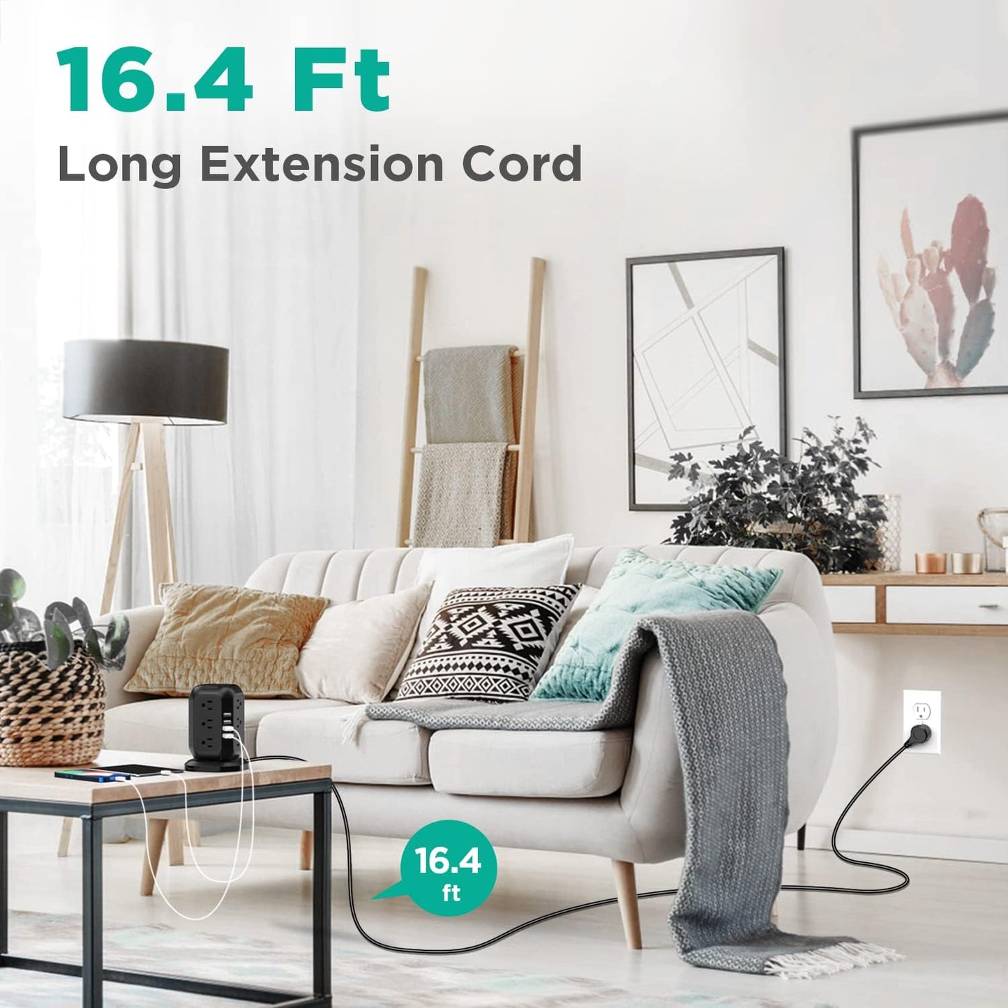 AiJoy Power Strip Tower 16.4 ft Cord, Surge Protector with 12 AC Outlet and 4 USB Ports, Charging Station Extension Cord with Multiple Outlets for Home, Office, Dorm Room Essentials