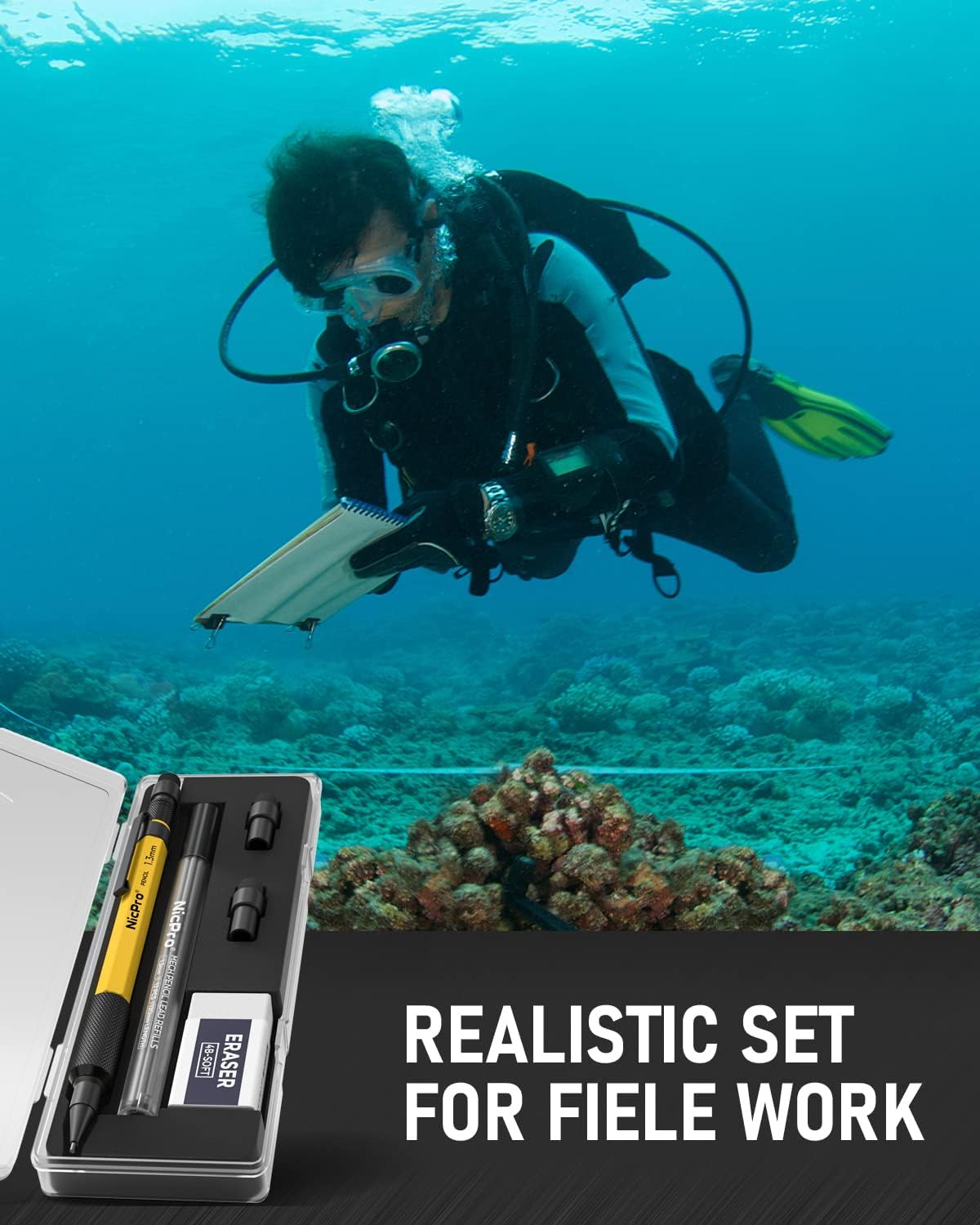 Nicpro 1.3 mm Mechanical Pencil Set with 12 Lead Refill, Eraser - Weatherproof Metal MP2000 Heavy Duty Carpenter Pencil for Outdoor Marking Drafting Drawing Sketching Woodworking - with Case