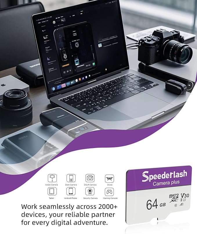 Micro SDXC Memory Card 64GB 3 Pack, Speederlash Camera Plus TF Card with Adapter, 90MB/s Read Speed, 4K UHD&5K Video Support, U1 V30 A1 Rated, for Security Camera, Smartphone, Drone, Tablet, PC