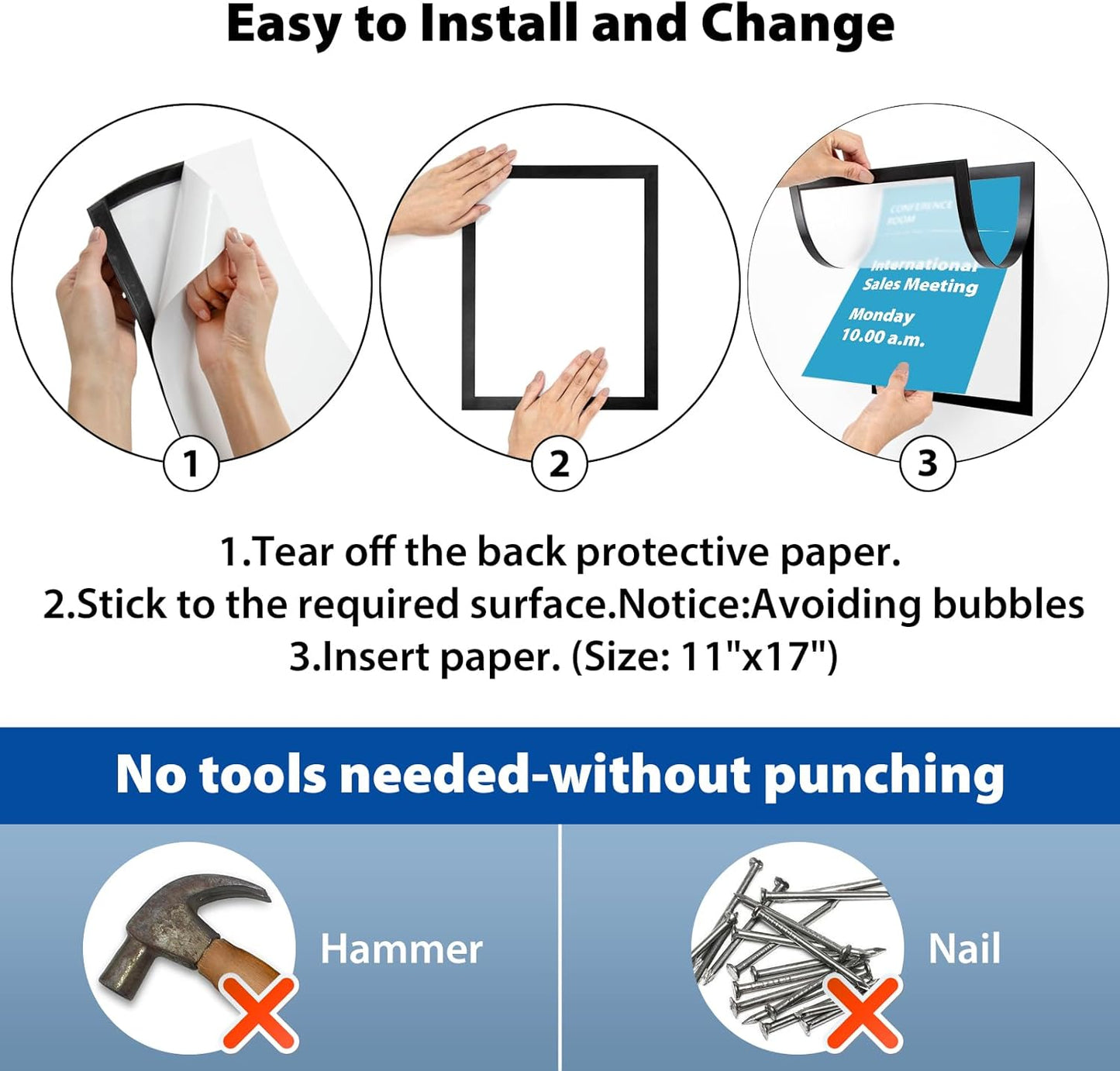 11"x 17" Self Adhesive Magnetic Sign Holder, Double Sided Window Magnetic Display Frame with Clear PVC and Strong Magnetic for Office/Store/Door/Glass/Refrigerator Display Frame(Black, 5Pack)