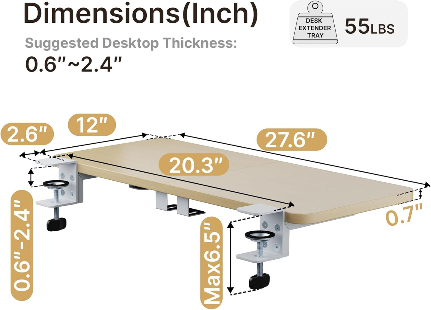 Desk Extender Tray, 28" x 12" Clamp On Desk Shelf, Desk Extension with Laptop Holder, Table Desk Arm Rest, Clamp On Keyboard Tray for Office and Home, Workstation Organizer, Large, Wood