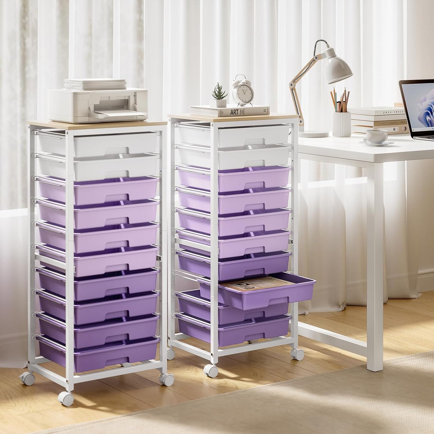 Rolling Cart with Drawers,10 Drawer Rolling Cart,Storage Cart with Wheels,Utility Cart with Drawers,Teacher Cart for Classroom Storage,Craft Cart with Wheels and Wooden Tabletop,Purple