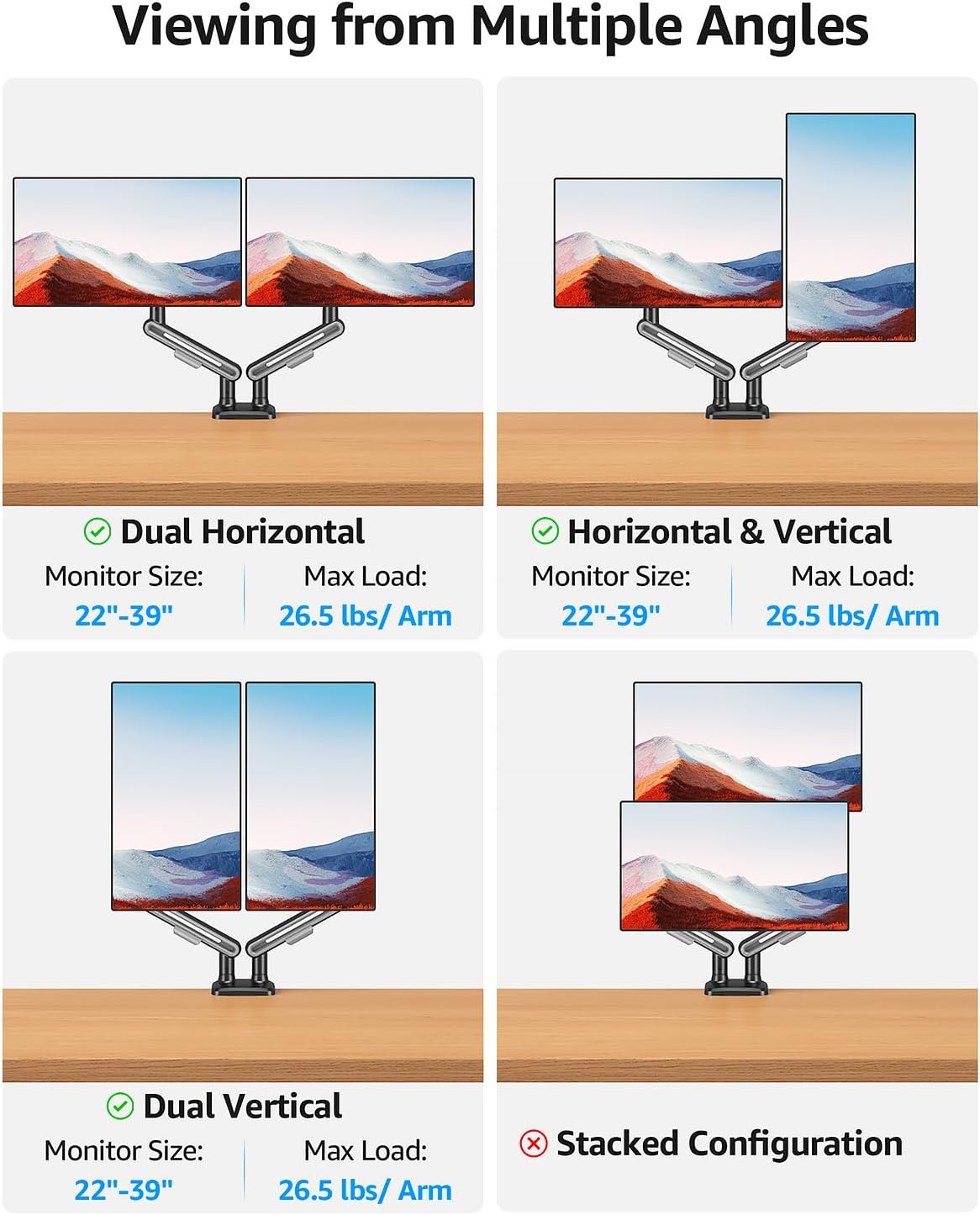 MOUNTUP Dual Monitor Mount Holds 4.4-26.5lbs, Heavy Duty Monitors Arm for 39 37 34 32 27inch, Gas Spring Monitor Stand for 2 Monitor, Height Adjustable Monitors Desk Mount with C-Clamp&Grommet Base