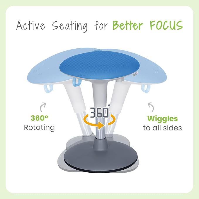 Wobble Stool for Kids Ages 7–12; Adjustable Height Wobble Stools for Classroom Seating with Soft Cushion; Flexible Wiggle Chair for Focus and ADHD Support + Bonus Visual Timer (Sky Blue)