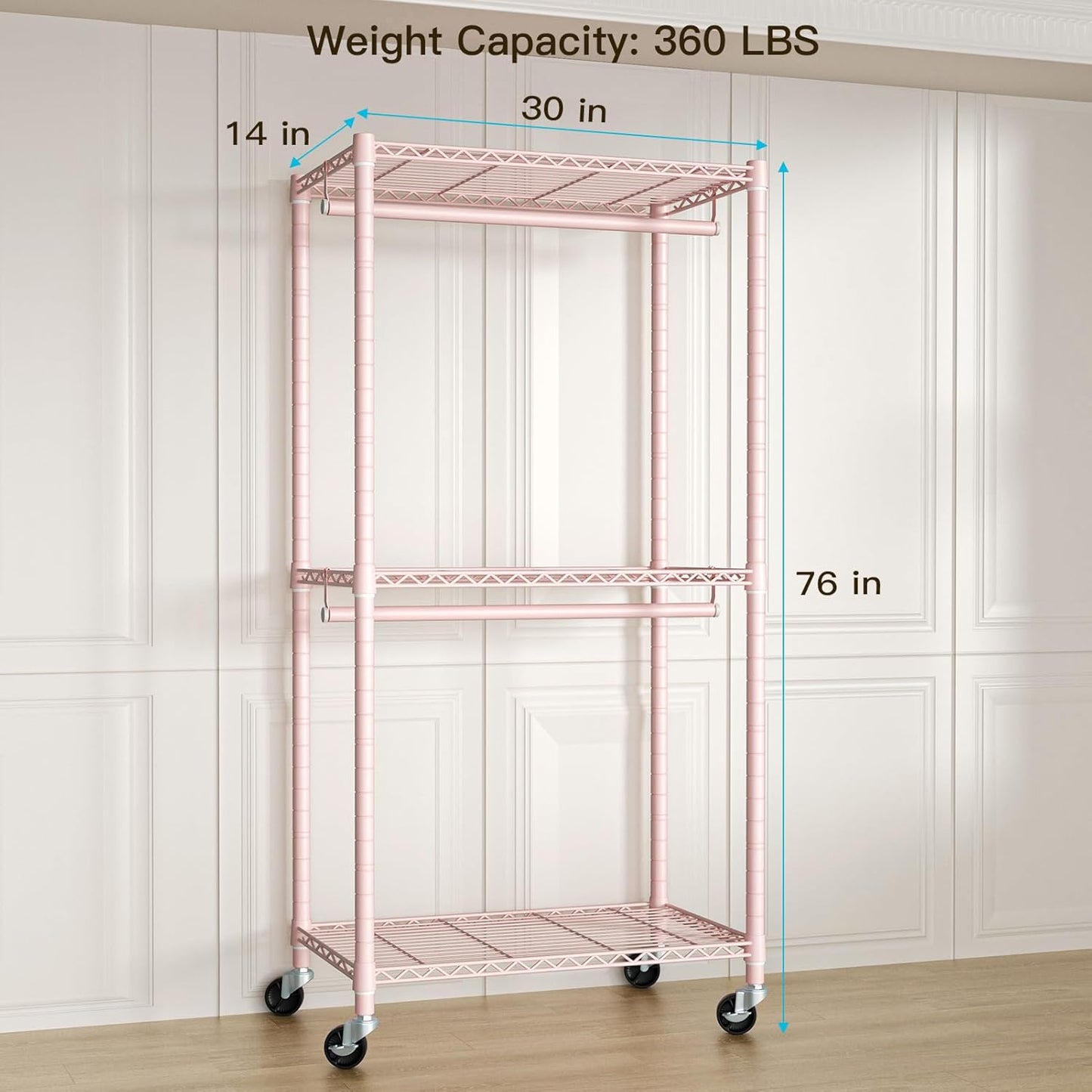P1 Medium Heavy-Duty Portable Closet, 30" W x 14" D x 76" H, Metal Rolling Clothing Rack, Pink
