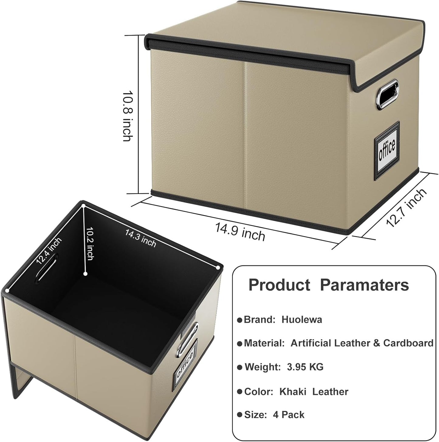 Huolewa Portable Leather File Organizer Boxes with Lids, Office Document Boxes Organizer, Filing Boxes, Decorative Small File Boxes for Hanging Files with Plastic Slide for Office/Decor/Home