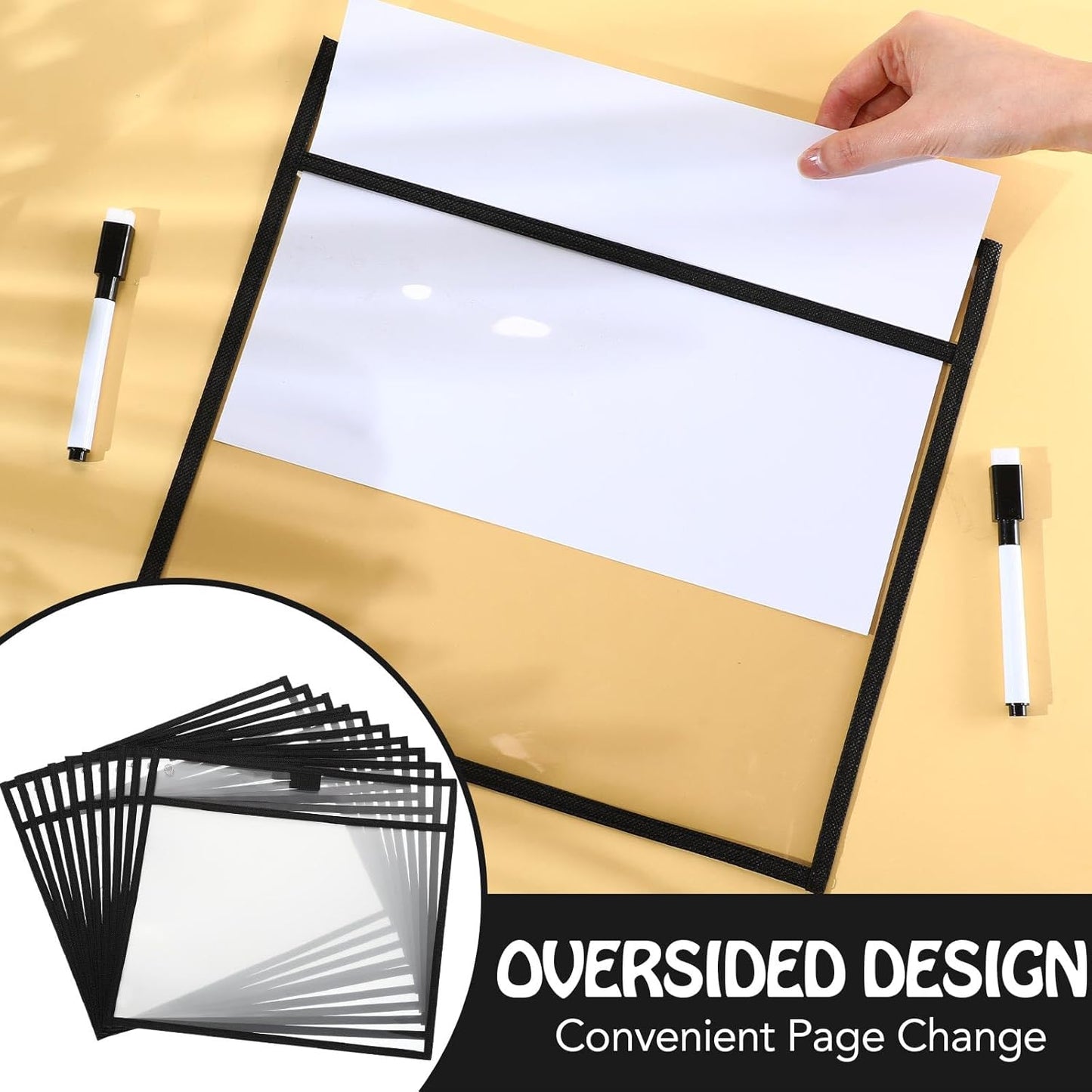 Teling 150 Pcs Dry Erase Pockets Bulk Reusable Job Ticket Holders Clear Plastic Sleeve Protector Work Order Sleeve Shop Ticket Holder for Welcome Teacher Back Office Supplies(11.5 x 12.5'',Black)