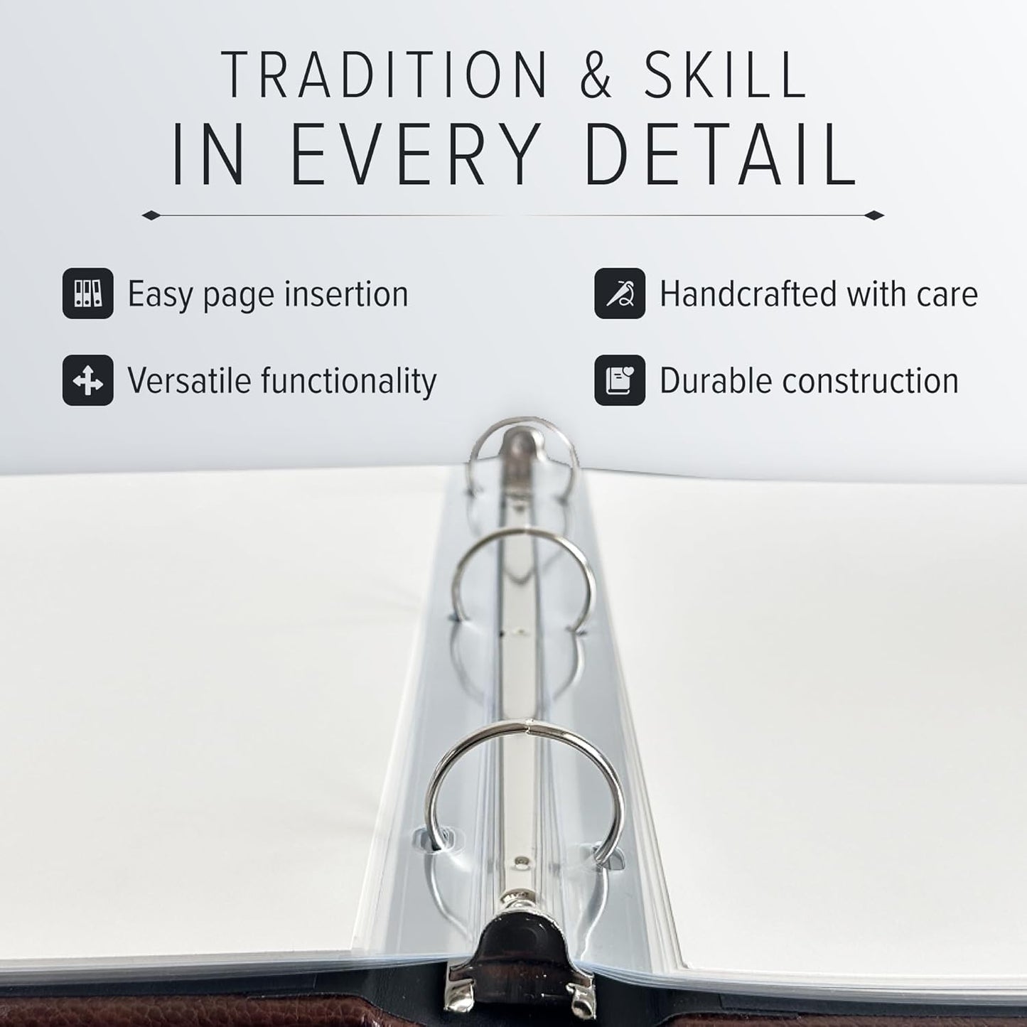 Gallery Leather 3 Ring Binder with Plastic Sleeves, Includes 10 Sheets, Sheet Size: 8.5" x 11" - Presentation Binder Rings with Window and Hubbed Spine, Thick: 0.75" Belfast Brown