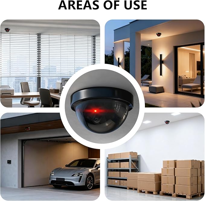 WALI Dummy Fake Security CCTV Dome Camera with Flashing Red LED Light with Security Alert Sticker Decals (SD-2), 2 Packs, Black